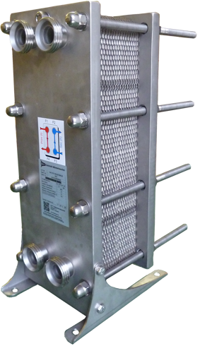Geschraubter Plattenwärmetauscher mit Edelstahlgestell und Milchrohrverschraubung Geschraubter Plattenwärmetauscher mit Edelstahlgestell und Milchrohrverschraubung